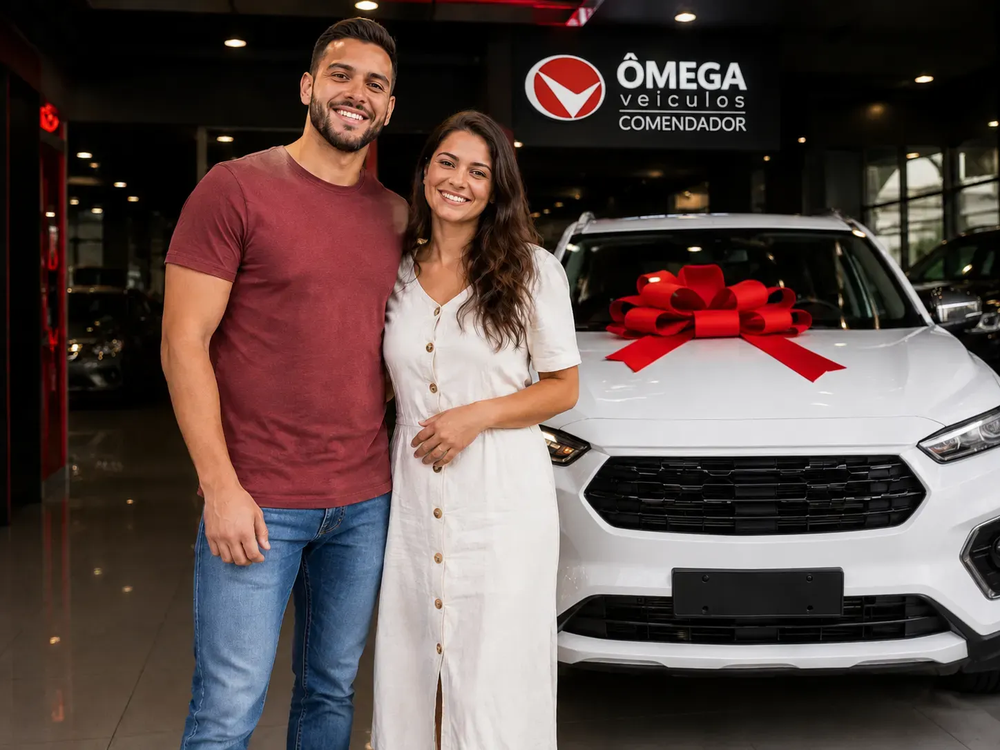 Família feliz de carro novo